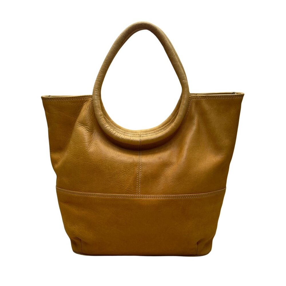 Chaos Tan Leather Crossbody Strap Circular Handles & Snap Closure Tote Bag - Picture 3 of 10